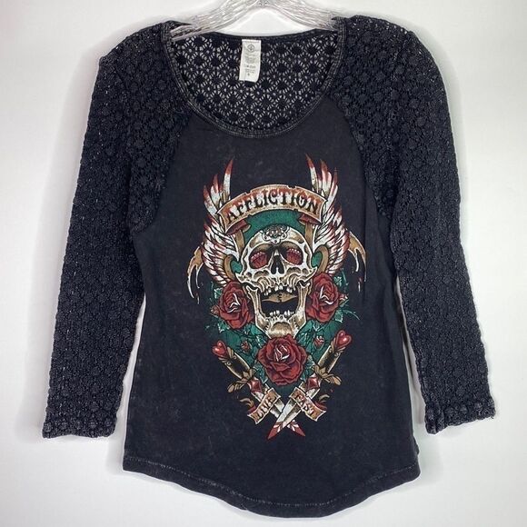 Affliction Tops - Affliction Screaming Roses Skull Shirt Size Small